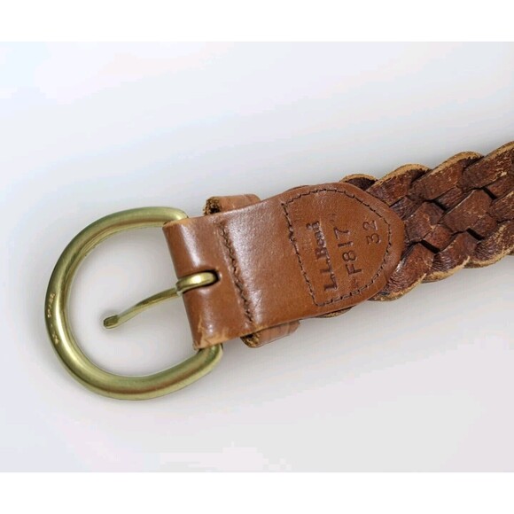 LL BEAN Braided Weaved Brown Leather Belt Solid Brass Buckle F817 32 - Picture 3 of 5